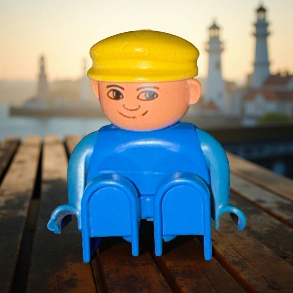 Vintage LEGO Duplo Male Figure Blue Legs Blue Top with Yellow Cap Figure A37